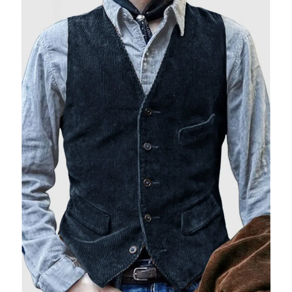 Men Corduroy Vest Slim Waistband Single-breasted Outside and Inside Waistcoat Jacket Suit