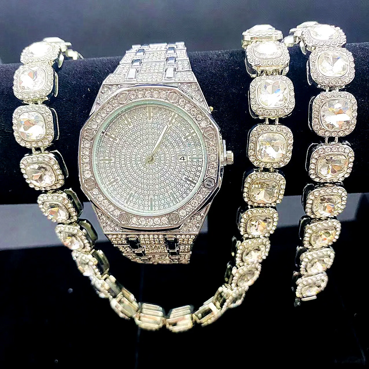 3PCS Iced Out Watch Bracelet Necklaces for Men Gold Watch Chains Bling Bling Jewelry for Men Simple Watches for Men gift Relojes