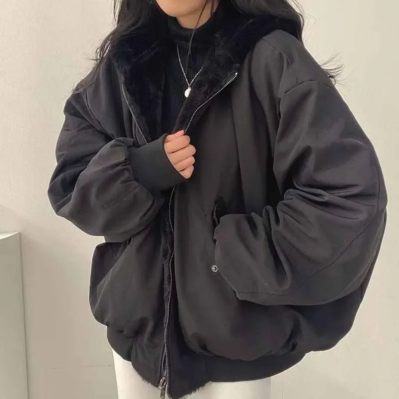 Smvp Winter Thicken Warm Parkas Women Fashion Double Sided Hooded Fleece Coat Ladies Korean Loose Long Sleeve Zip Up Jackets 2