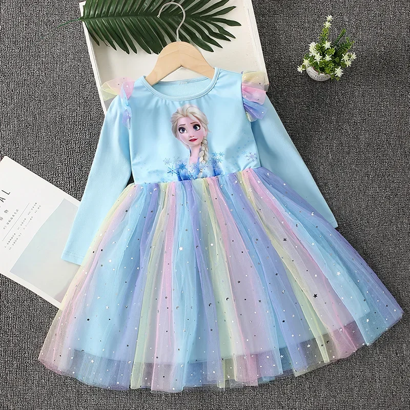 thumbnail image 1 of Vestido de princesa Disney Frozen Elsa para niñas, ropa de otoño para niños, fiesta de cumpleaños, manga larga, con bolsa, 2 a 8 años, 1 of 5