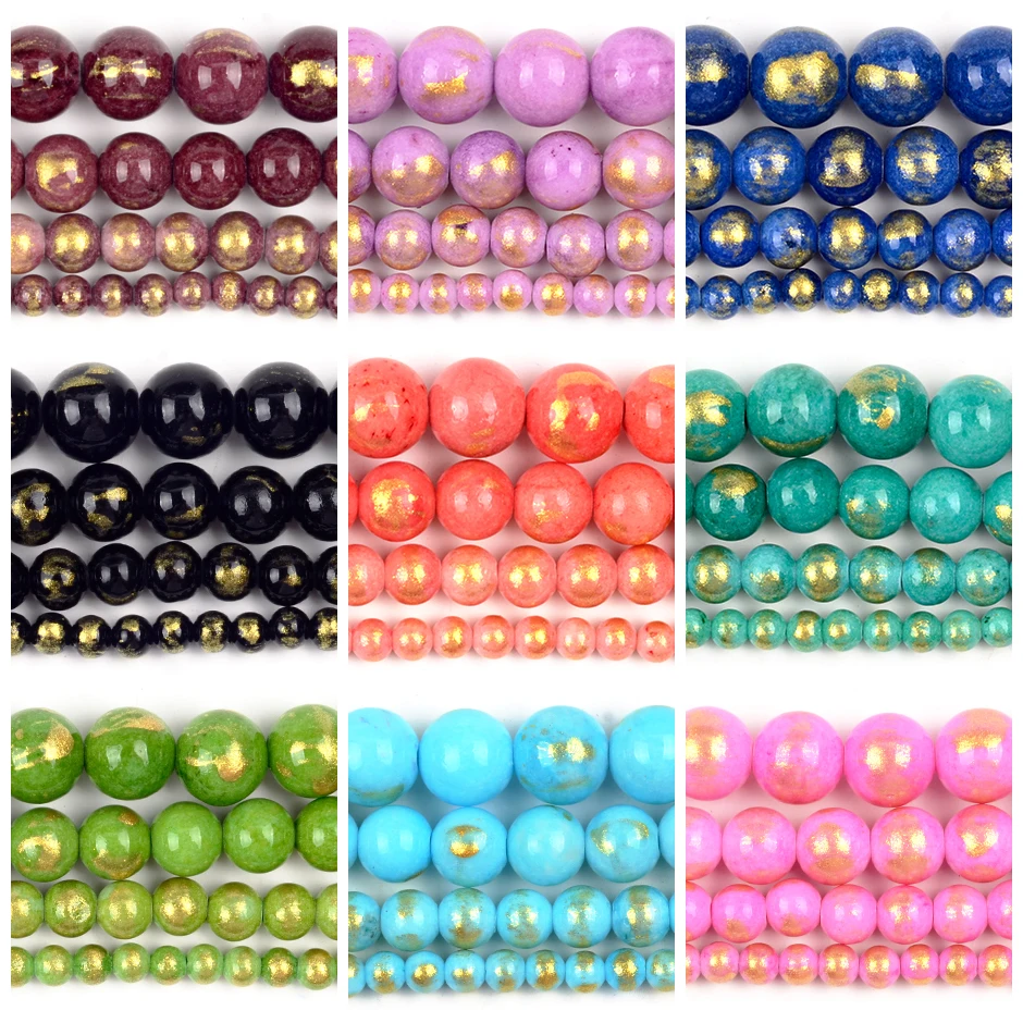 White Red Gold Plated Jade Round Natural Stone Beads for Jewelry Making and DIY Accessories