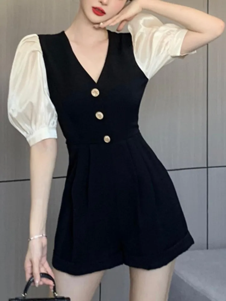 

Elegant Slim Women Summer Mini Black Jumpsuit Puff Sleeve Vintage Party Birthday Rompers Femme Fashion Casual Overalls Clothes