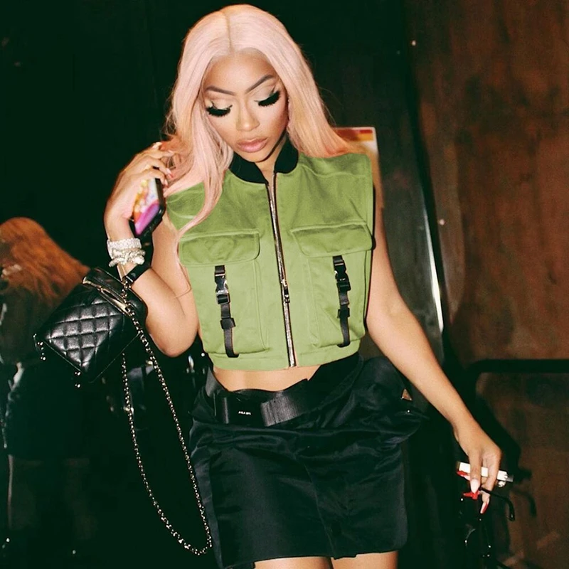 Camouflage Print Spring Vest Crop Women Sleeveless Jacket Pockets Buckle Zipper Tank Tops Sexy Workwear Cargo Waistcoat Y2K