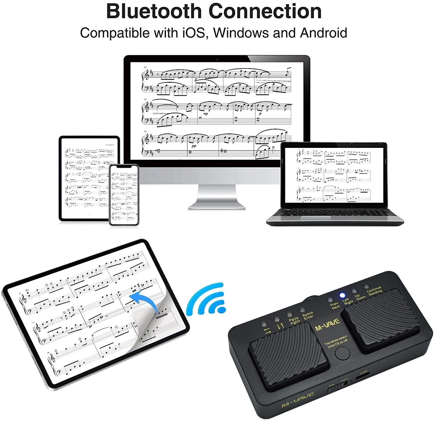 Cubo de M-VAVE inalámbrico con Bluetooth, Pedal silencioso, recargable por USB, para iPad, iPhone, tableta, teléfono inteligente