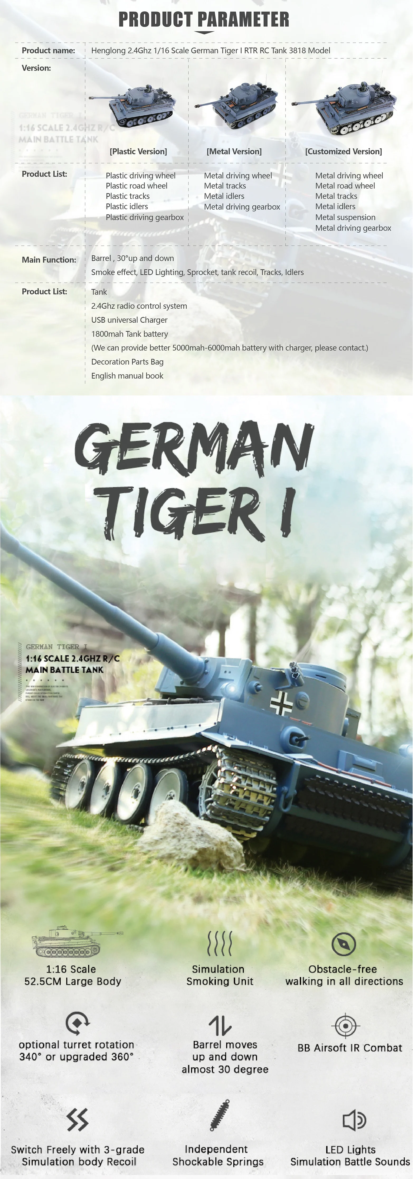[Type B] RC Toys 2.4Ghz HENG LONG 1/16 7.0 German Tiger I Tank Model Radio Control 3818 Barrel Recoil BB Airsoft Smoke Panzer TH17234 