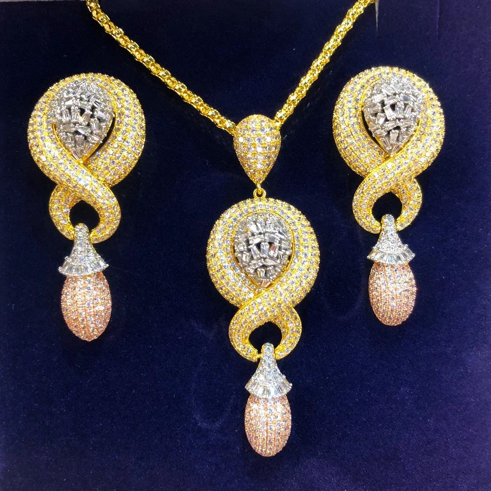 

Jimbora Romantic 2PCS Tricolor Necklace Earring Jewelry Set For Women Wedding Party Full Zircon Dubai Bridal jewelry Set New