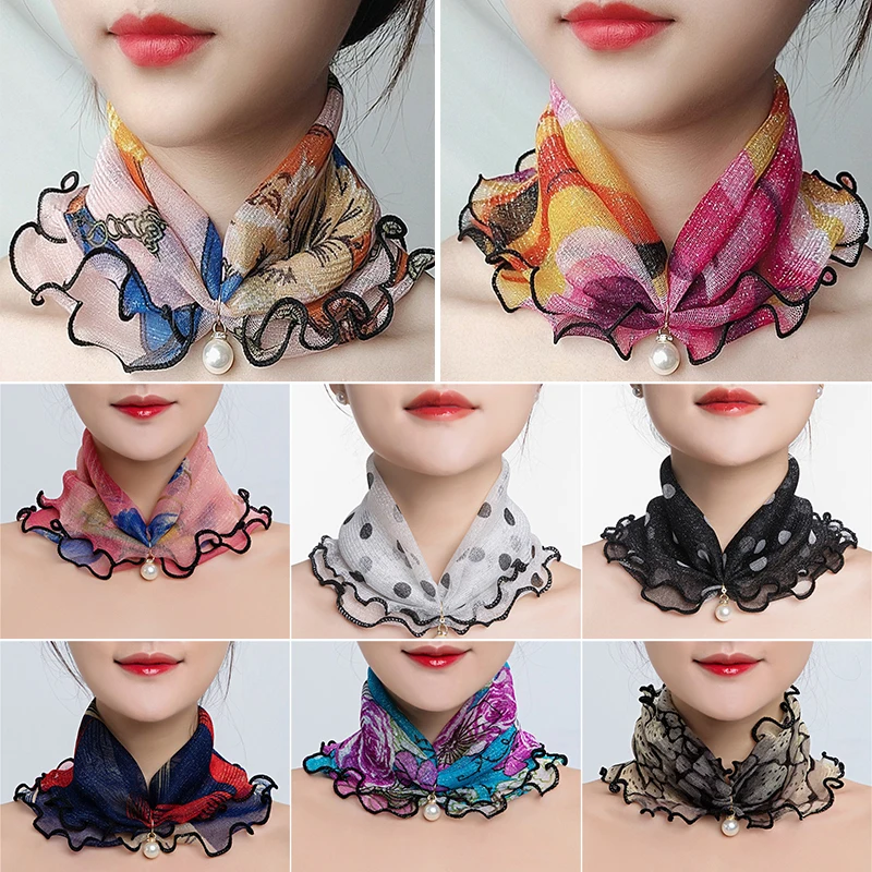 

New Fashion Neck Collar Print Shiny Variety Loop Scarf Ruffle Lace Scarf Pearl Pendant Organza Chiffon Scarves Bandana Headband