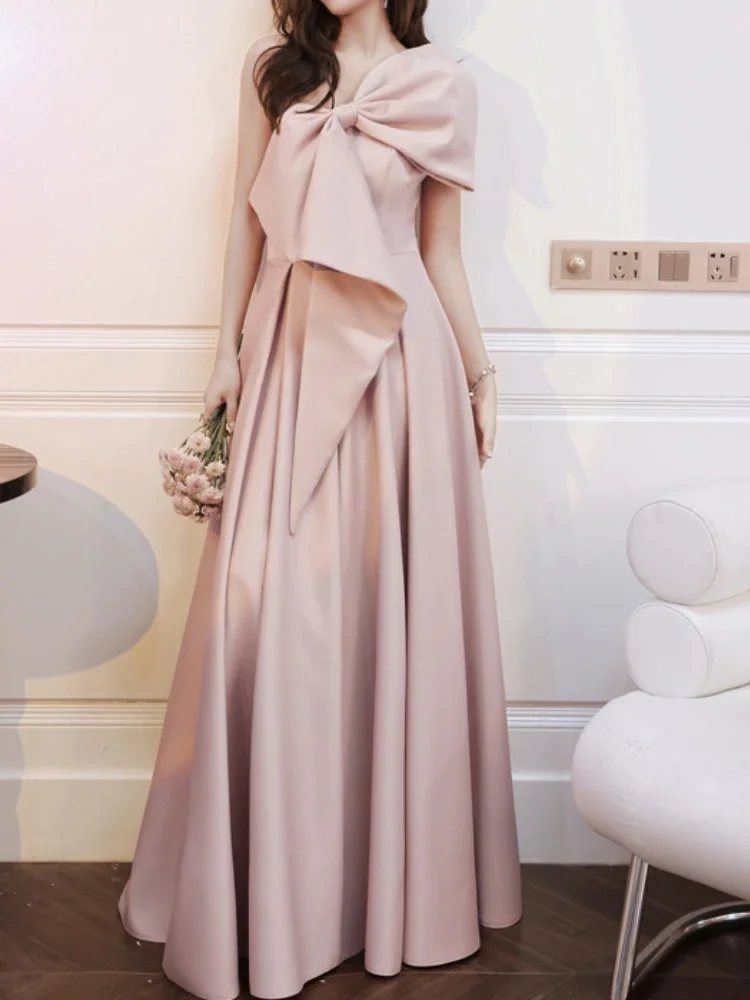 

Sweet Temperament One Shoulder Sleeveless Princess Dress Satin Solid Spliced Bow Vestidos Elegant Slim Fit Draped Evening Robe