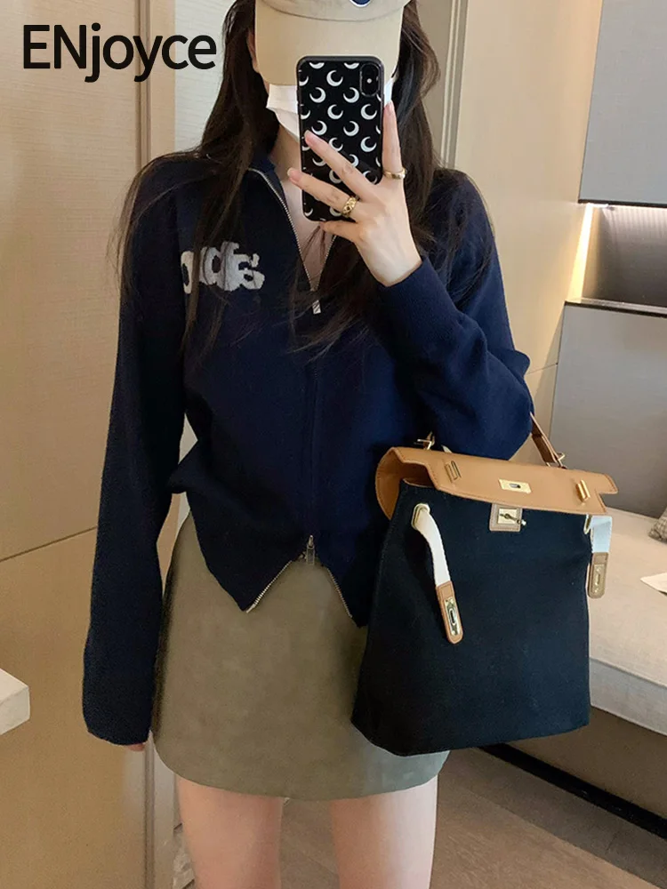 

ENjoyce Autumn Winter Women Vintage Zipper High Collar Knitted Cardigan Coat Korean Fashion Sweaters Cropped Tops Knitwear