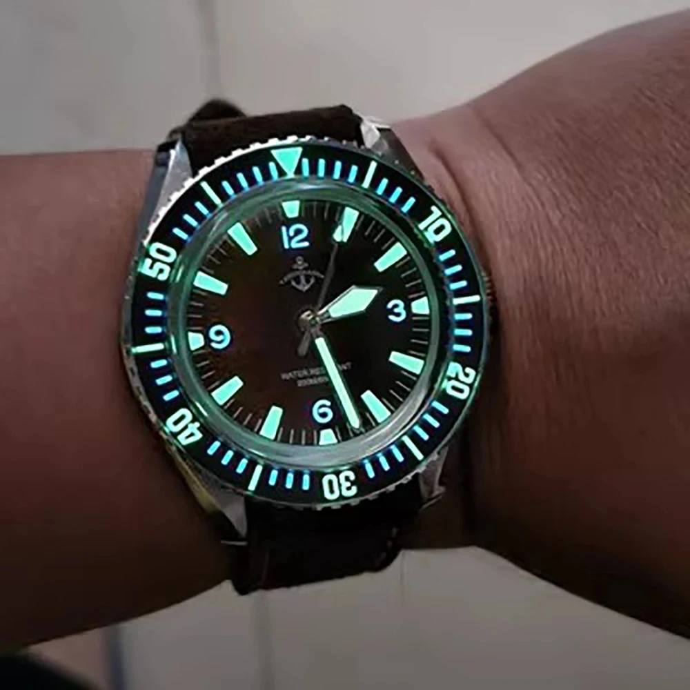 Hruodland NH35 Diving Men's Automatic Mechanical Watch Luxury Sapphire Stainless Steel Leather Sport 20 Bar Glow C3 Vintage Watc