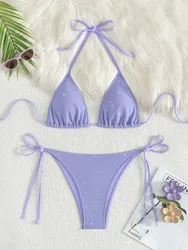 Sparkling Halter Strappy Bikini Set - High Cut Women's Swimsuit - M (C007Purple)