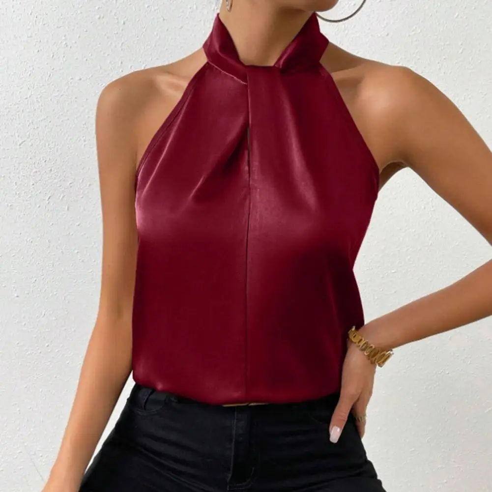 

Women Summer Tops Sleeveless Loose Fit Blouse Solid Color Smooth Satin Tank Tops Imitation Silk Party Office Vest Workwear