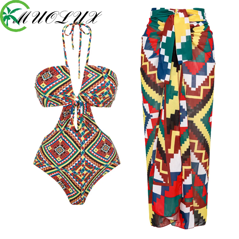 

MUOLUX 2023 3D Flower Bikini Set Bandage print One Piece Dress Swimwear Women Swimsuit Bikinis Luxury Beach Bath Suit Monokini