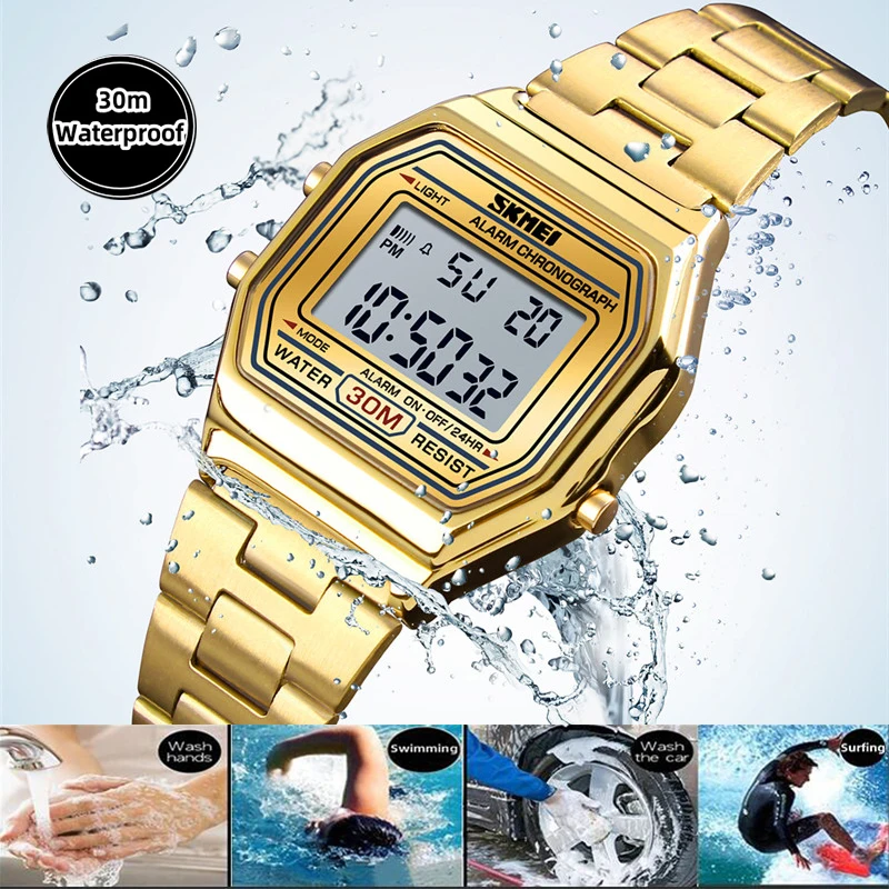 Skmei Women's Digital Sports Waterproof Bracelet Watch Luxury Stainless Steel Strap Shock Resistant Led Chronograph Alarm Clock women watches electronic watch