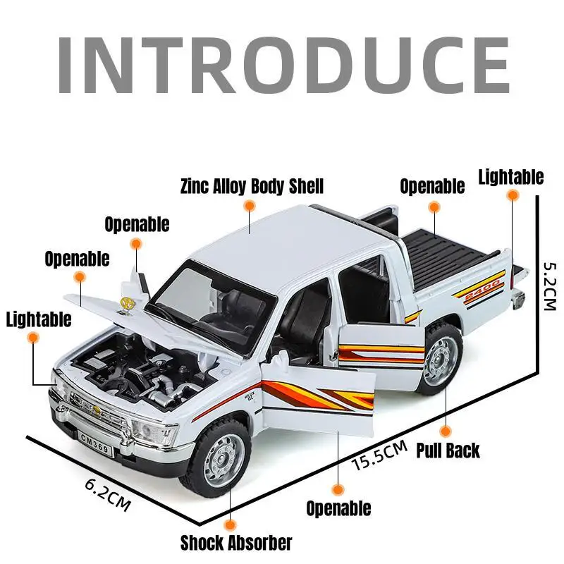 Diecast Alloy Toyota Hilux Pickup Truck Toy with Pull Back Action, Sound & Light