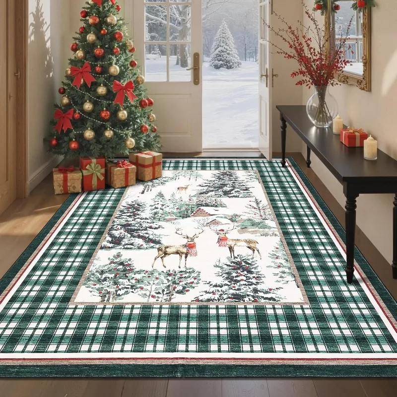 Christmas Themed Living Room Carpet Creative Plaid Reindeer Print Bedroom Rugs Machine Washable Non-slip Soft Plush Sofa Mats 러그