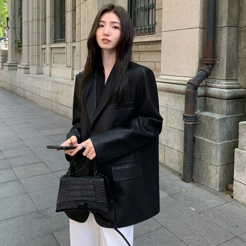 Women Vintage Black Basic Leather Blazer 2024 Casual Tops Female Long Sleeve PU Outwear Lady Straight Suit Cool Veste Biker Coat