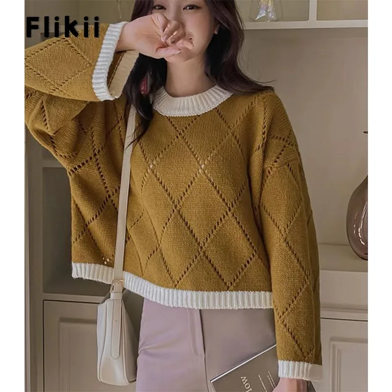 

2023 Autumn Winter Office Lady Knitting Jumpers Long Sleeve Casual Pullovers Women's Round Neck Patchwork Warm Sweater Top