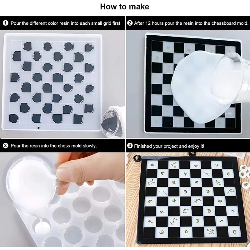 International Chess Crystal Epoxy Resin Mold 3D Chess Pieces Checkerboard Casting Silicone Mould for DIY Handmade Crafts Tools