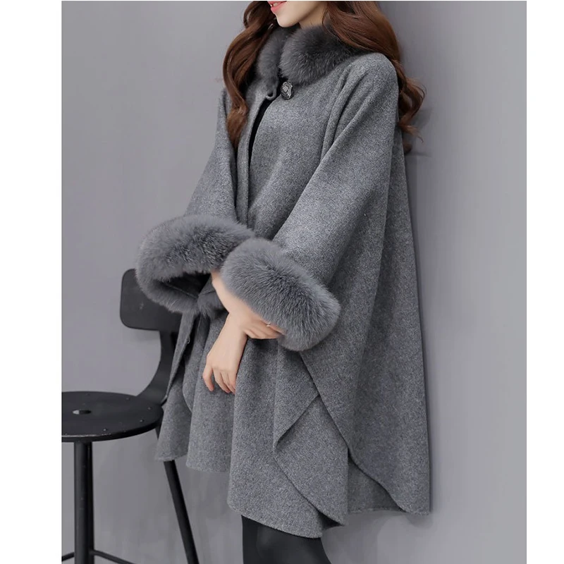 Women Cloak Shawl Jacket Plus Size Female Winter Outwear New Bigsweety High Quality Women Fox Fur Collar Long Wool Coat Elegant 2023 new in silk scarf luxury women square shawl wraps cotton linen hijab flower printed handkerchief female foulard bufandas