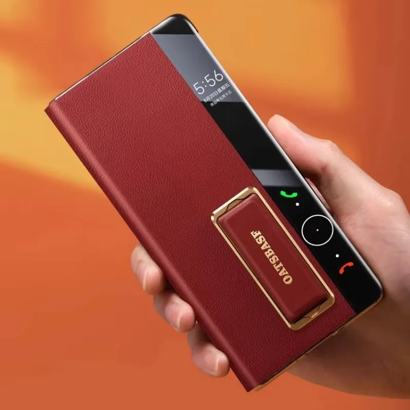 Eary Leather Phone Case for Huawei Mate X6 Dual Strap With 360° Rotation Stand Smart View WindowShockproof Protector Full Cover
