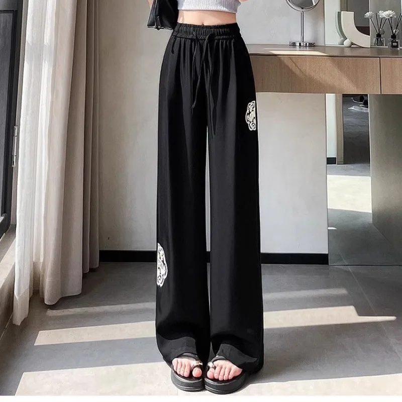 Chinese Style Ice Silk Wide Leg Trousers Women Spring Summer 2024 New High Waisted Drawstring Embroidered Straight Casual Pants