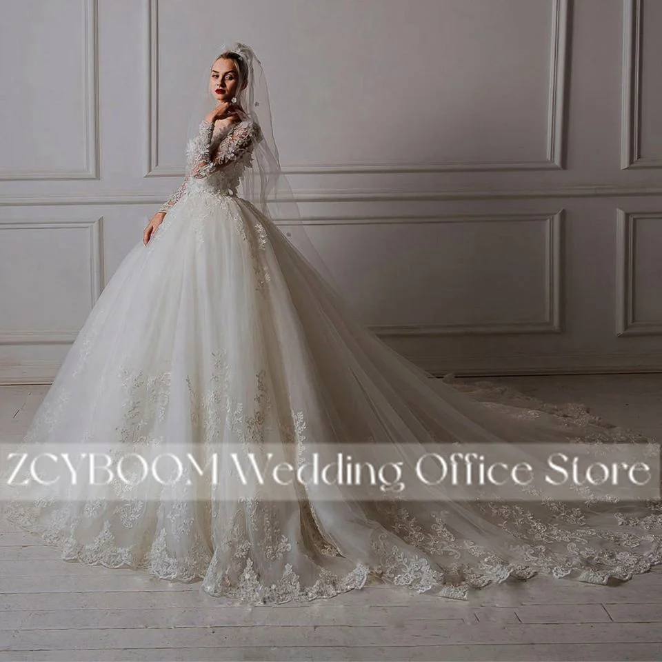 Arabische Luxus O-Ausschnitt Tüll Applikationen Illusion Langarm Brautkleider 2026 Elegante Prinzessin Brautkleider Vestidos De Novia – Detail 4