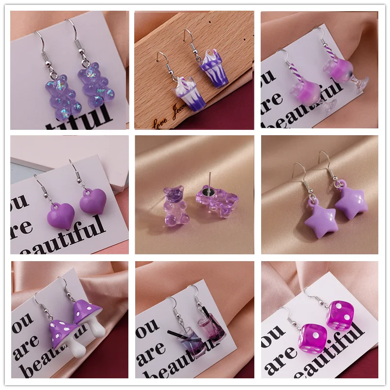 Aihua Neue Mode Lila Gummibärchen Herz Eis Trinken Baumeln Ohrringe Für Frauen Pilz Würfel Stern Urlaub Schmuck Geschenke
