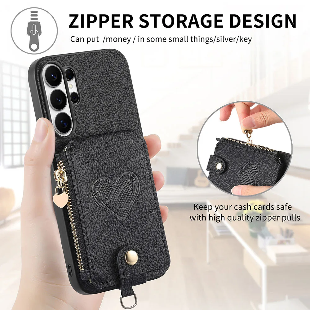 Leather Zipper Wallet Phone Case with Card Holder and Lanyard