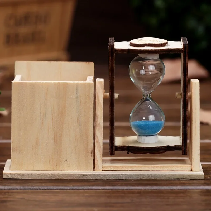 Wooden Hourglass Pen Holder Student Desk Decoration Office Desktop Supplies