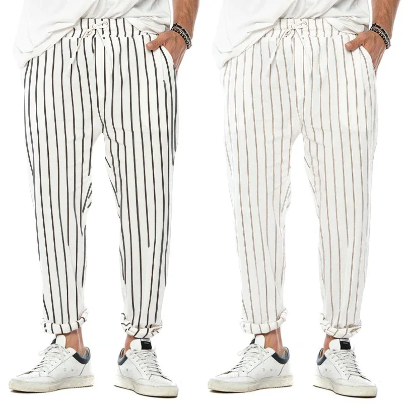 Fashion Men Striped Pants Male New Long Pencil Joggers Pants Casual Trousers Drawstring Side Stripe Slacks 2023 New