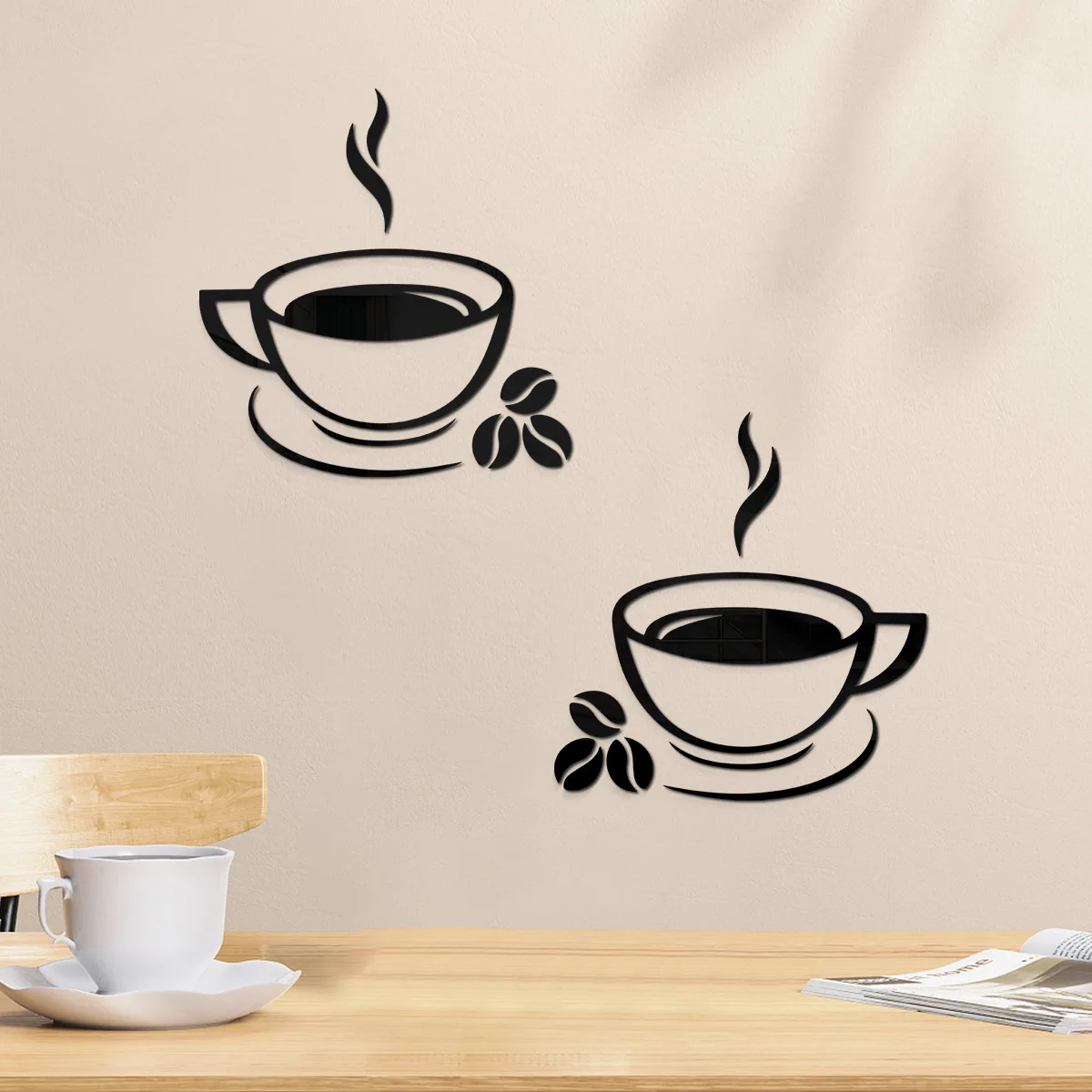2Pcs Acrylic Coffee Cup Decoration Mirror Wall Stickers Diy Self Adhesive Restaurant Bar Decoration Wall Stickers