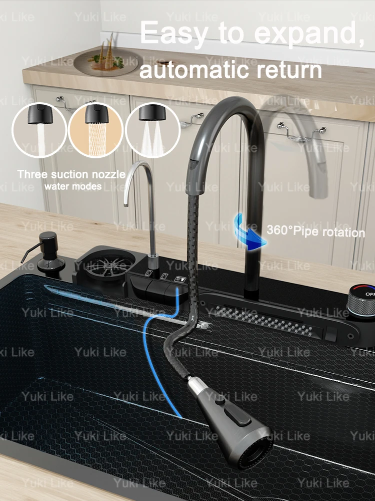 Embossed Stainless Steel Waterfall Kitchen Sink With Digital Display Washbasin Multifunctional large single slot Left Side Drain 5