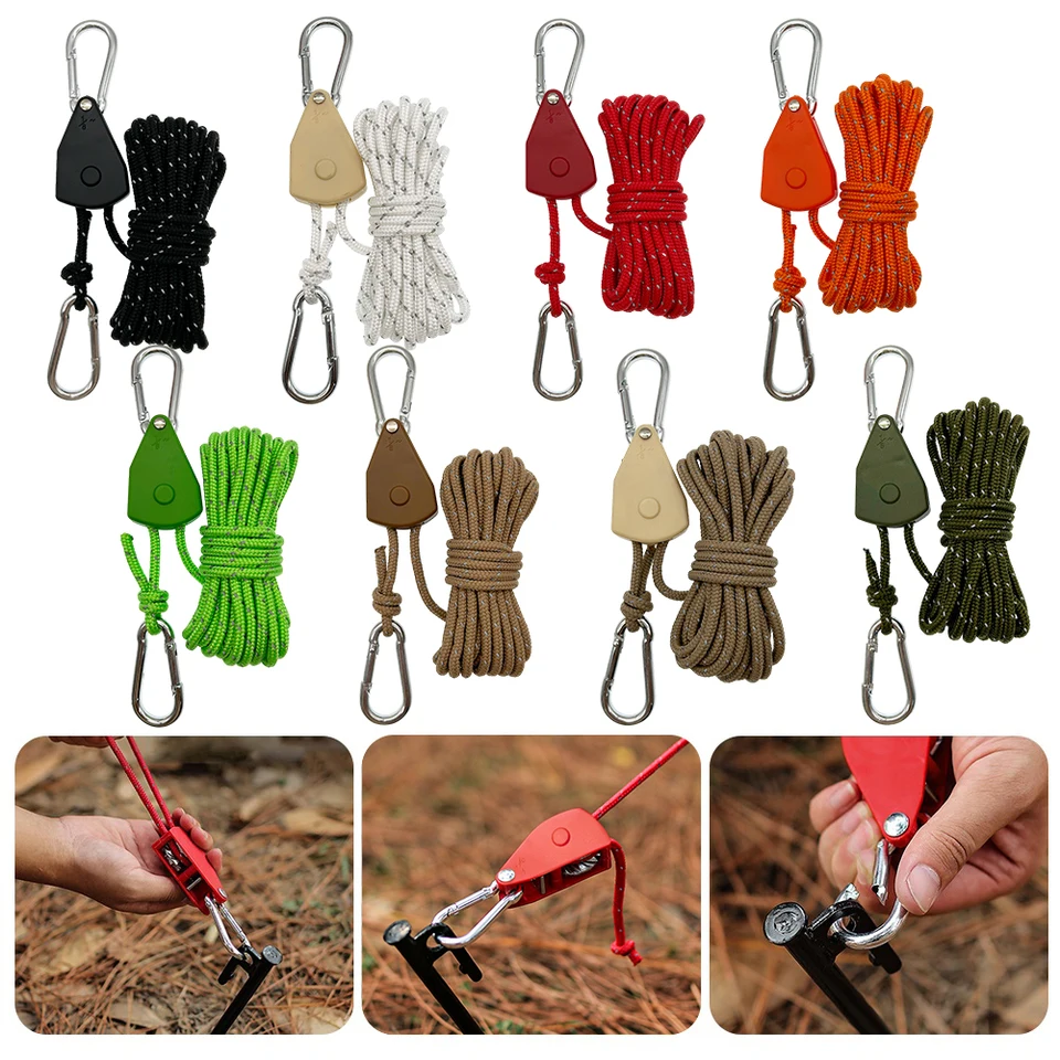 Lot De 2 Cordes De Tente Réfléchissantes - 4 M, Avec Tendeur à Cliquet Et Crochet, Pour Camping Et Extérieur
