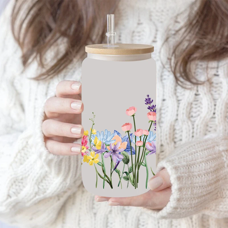 Lavender Flowers Pattern 3D UV DTF Transfer Sticker For 16oz Libbey Glasses Wraps Bottles Cup Sticker D17696 dtf transfer sticker