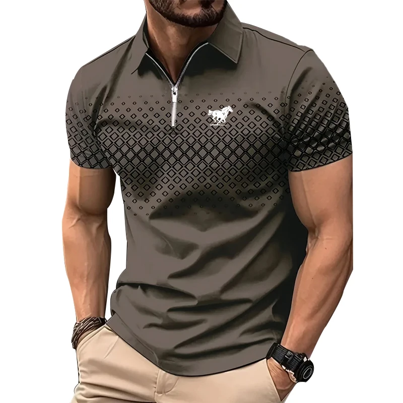 Men Summer 3D Digital Print Casual Zipper Polo Shirt .