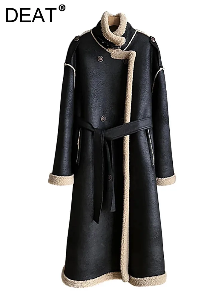 

DEAT Fashion Women's Long Lamb Wool Warm Coat Stand Collar Loose Double Breasted Sashes Plush Overcoat Winter 2024 New 7AB2690