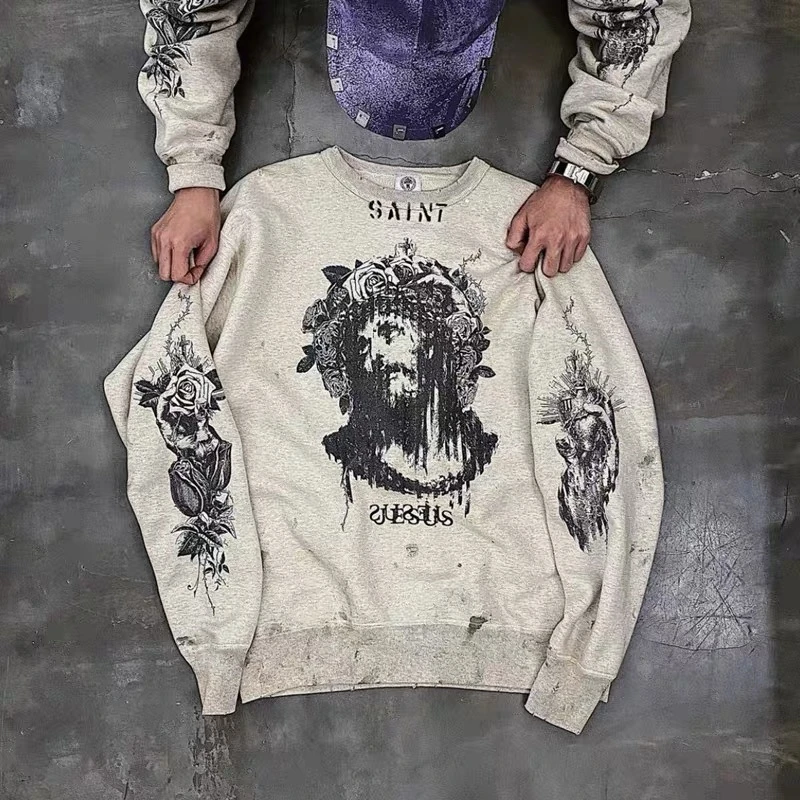 

New Fasion Washed Saint Michael Sweatshirts Men Women Top Quality Graffiti Damaged Hooded Viking