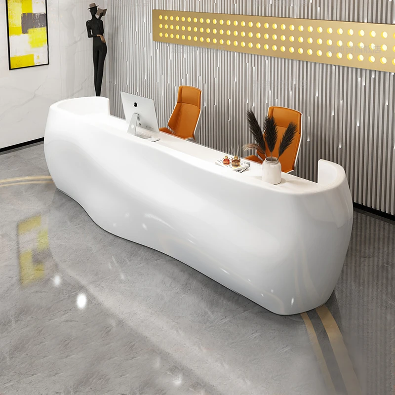 

Paint reception desk company front desk beauty salon counter FRP cashier table modern arc bar.