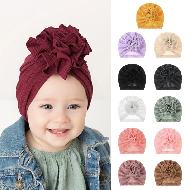 Turbante acanalado para bebé recién nacido, gorro con flor para el lazo de a rayas, Color sólido, fruncido - AliExpress