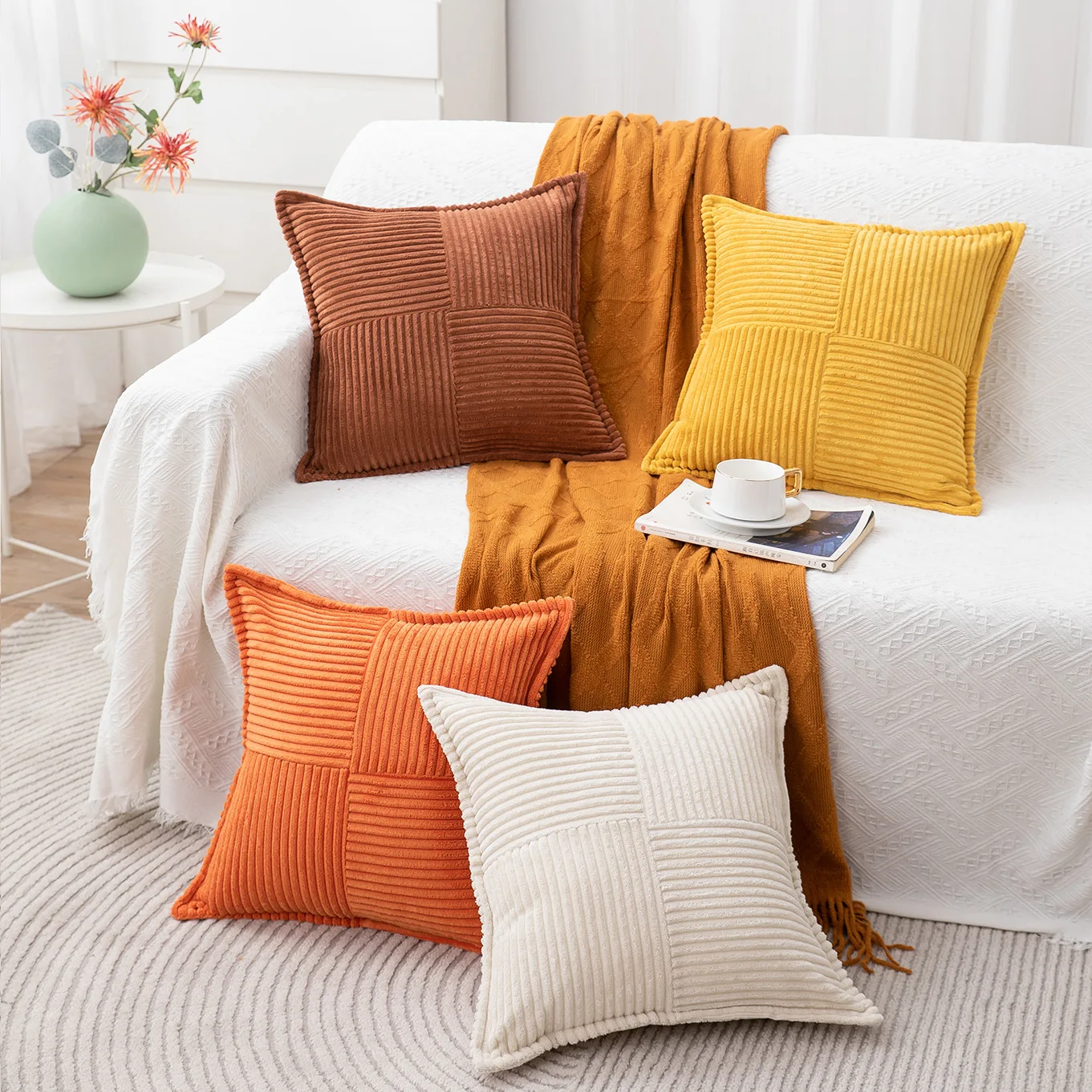 

Corduroy Striped Throw Pillows Cover Cross Stitching Wide Square Pillow Case Cream Style Chair Cushion Bedside Sofa Pillow Cover