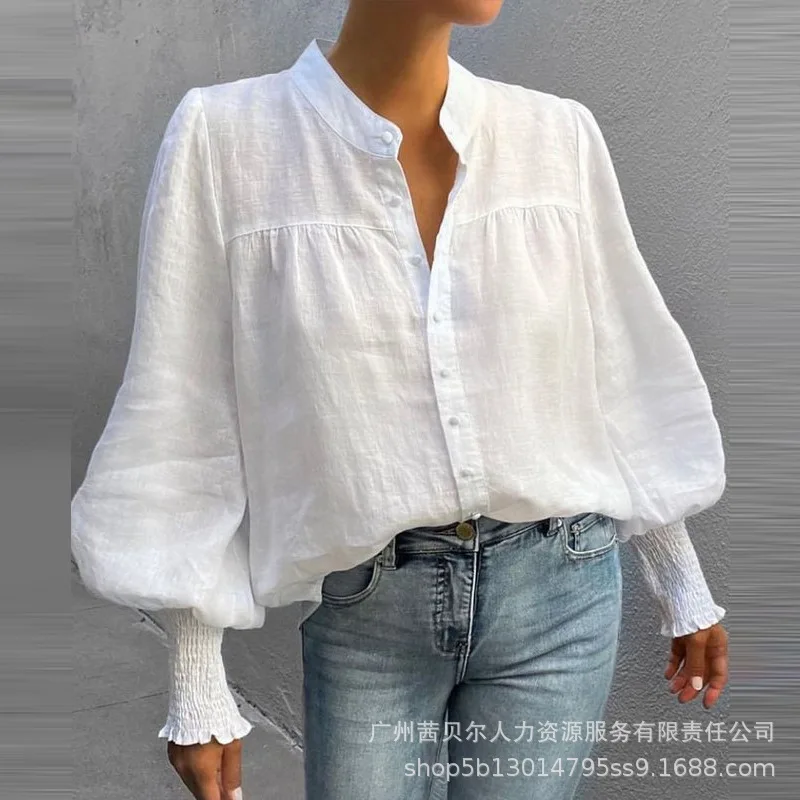 

Women's Solid Color Loose Single-Breasted Shirt Spring and Summer 2023 Blouse Top Women's Casual Lantern Sleeve V-neck Shirt