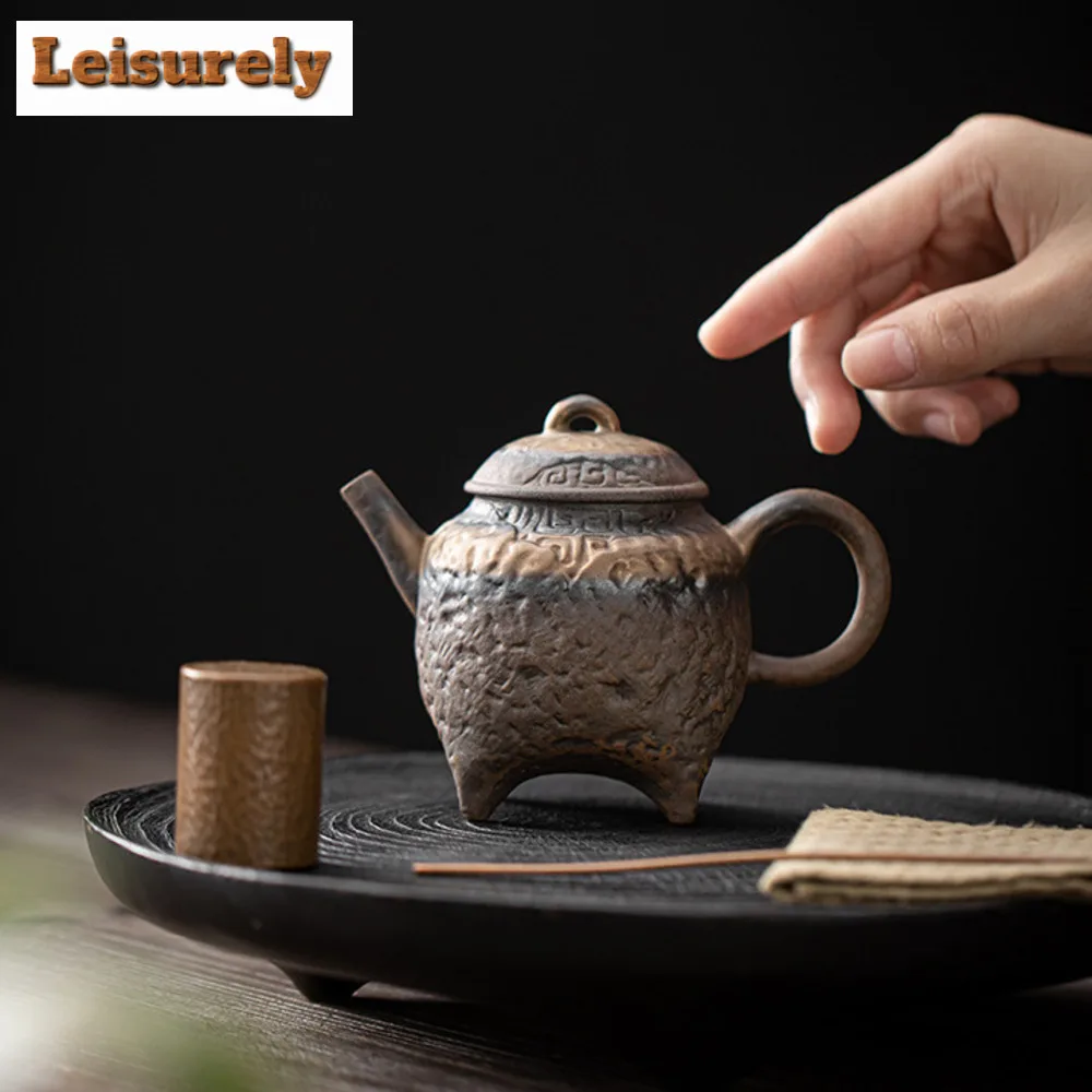 200ml Antique Old Rock Mud Pottery Teapot Creative Gilded Iron Glaze Four Legged Pot Tea Maker Kettle Teaset Equipment Craft