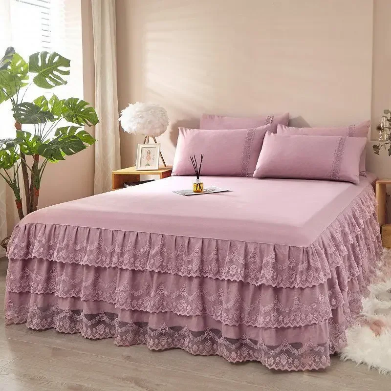 Bedroom Bed Skirt Non-slip Mattress Cover 3 Layers Bed Skirt Couvre Lit Lace Ruffled Bed Skirt Bedsheet Bedspread