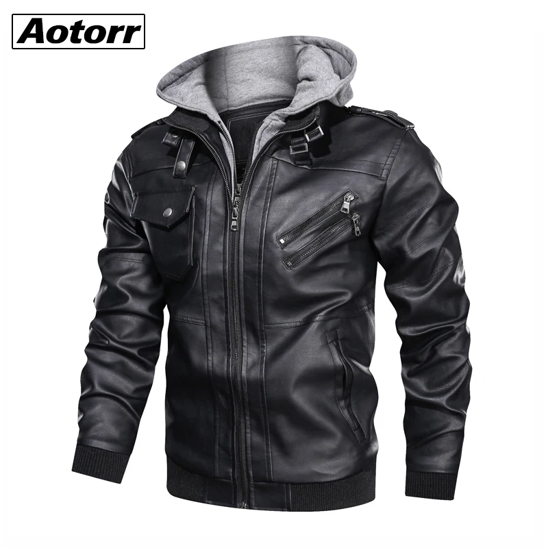 

Brand Autumn Winter Mens PU Leather Jacket Fleece Pilot Hooded Coats Men Jackets Removable Hood Motorcycle Casual Trend Clothing