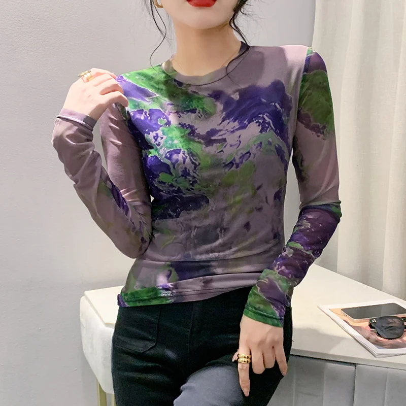 

#8568 Spring Autumn Tie Dye Printed Mesh T Shirt Long Sleeve Vintage Tight Short Tshirt Femme Sexy Streetwear T-shirt Elastic