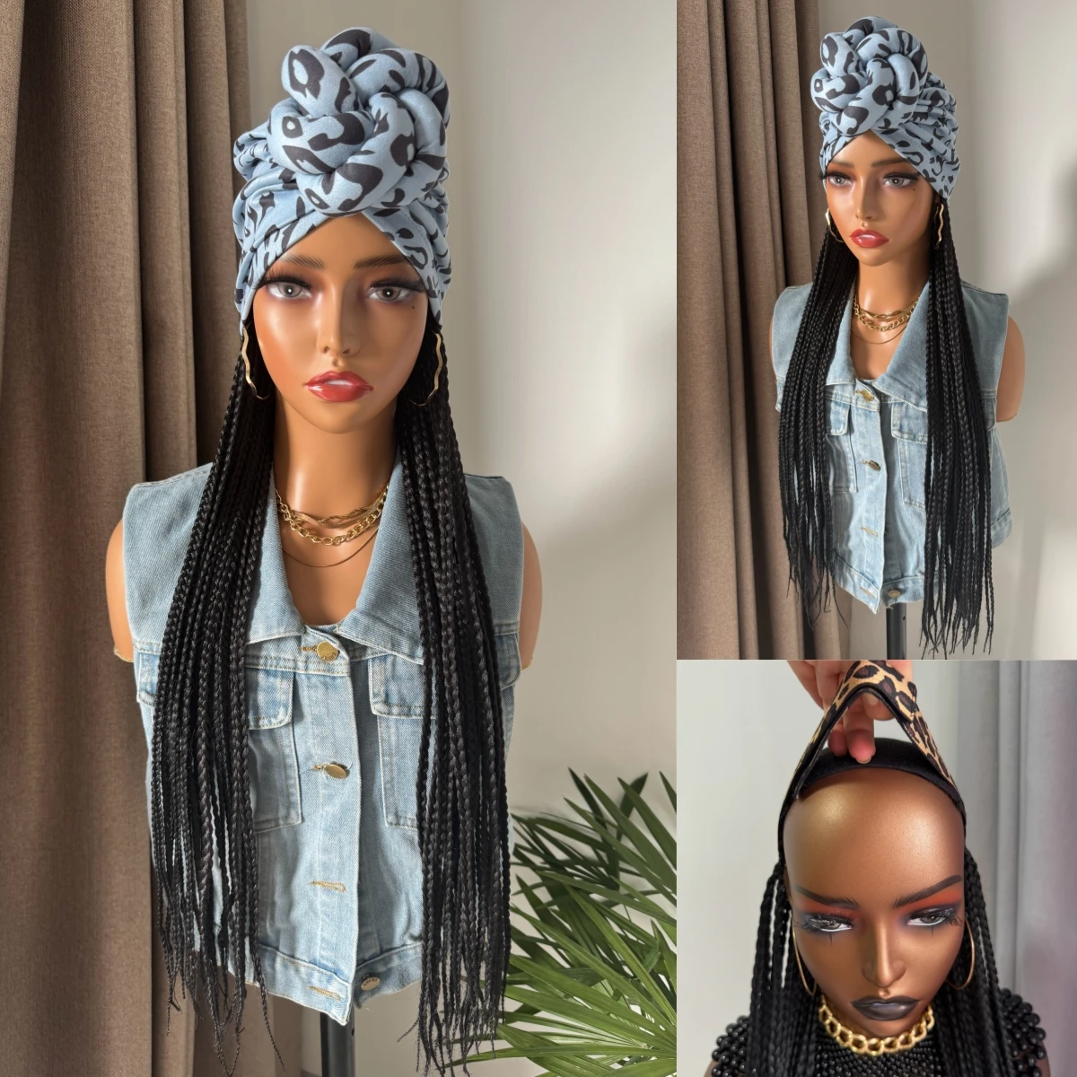 Synthetic Hair Wigs Long Black Synthetic Box Braided With Elastic Bands Headband Wig And Headband Split Set Turban Braiding Hair Extensions Wigs