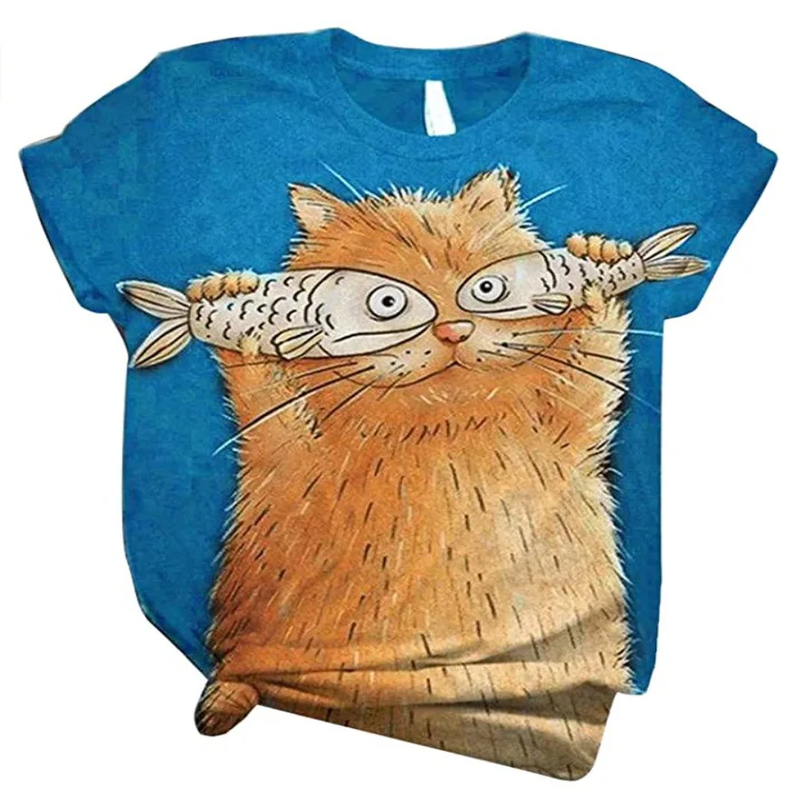 T-shirt imprimé hibou 3D pour femme, surdimensionné, décontracté, à manches courtes, motif chat, motif animal, Kawaii801_voghion.com