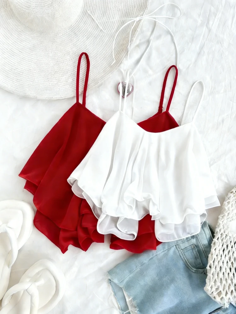 Damen Freizeit-Chiffon-Crop-Top für den Alltag – Leichtes Sommer-Cami-Top mit Spaghettiträgern, Rüschen und fließendem Schnitt, ärmellose Bluse für Partys
