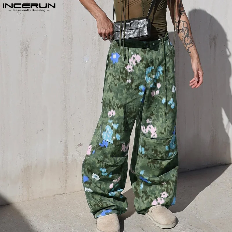 

2024 Men's Wide Leg Pants Printing Button Joggers Streetwear Loose Casual Cargo Pants Pockets Fashion Trousers Men S-5XL INCERUN